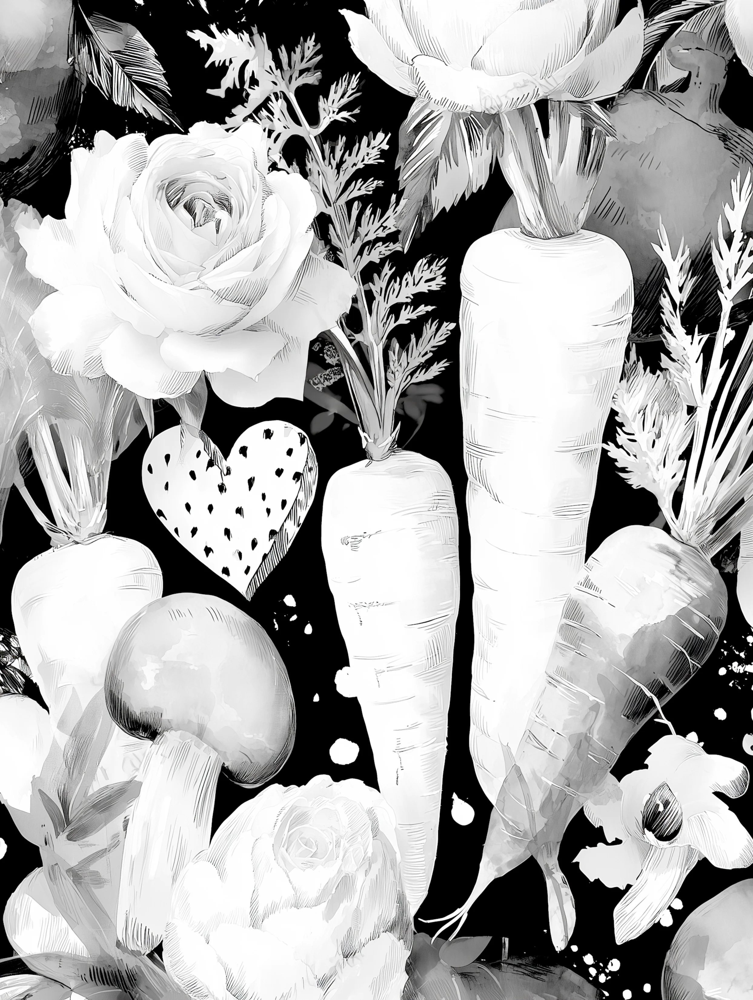 Free printable carrot coloring page for adults featuring a dotted heart with carrots